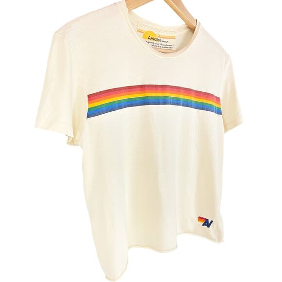 AVIATOR NATION Rainbow 7-Stripe Cropped Distressed Tee Size S ASO Shelby Simmons - Picture 4 of 8